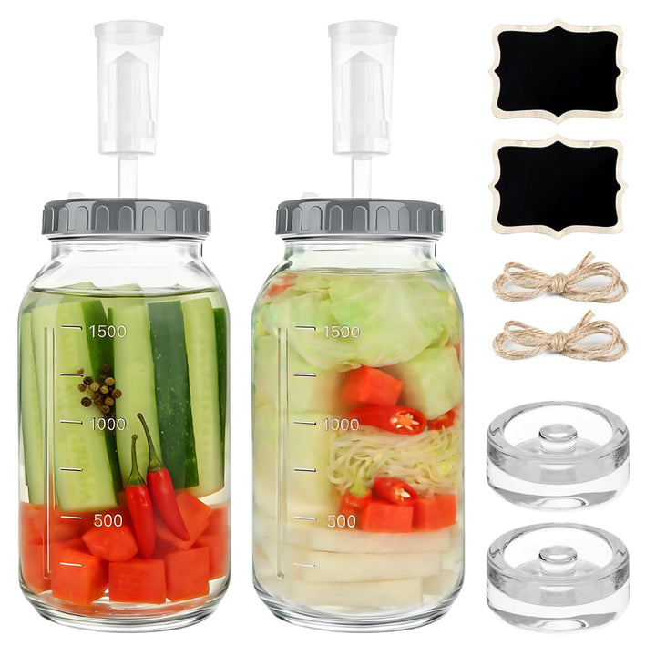Fermentierglas 2 Stück 2L, 64oz Kimchi Behälter mit Luftschleuse und Gewicht, Kefir Glas mit Deckel,