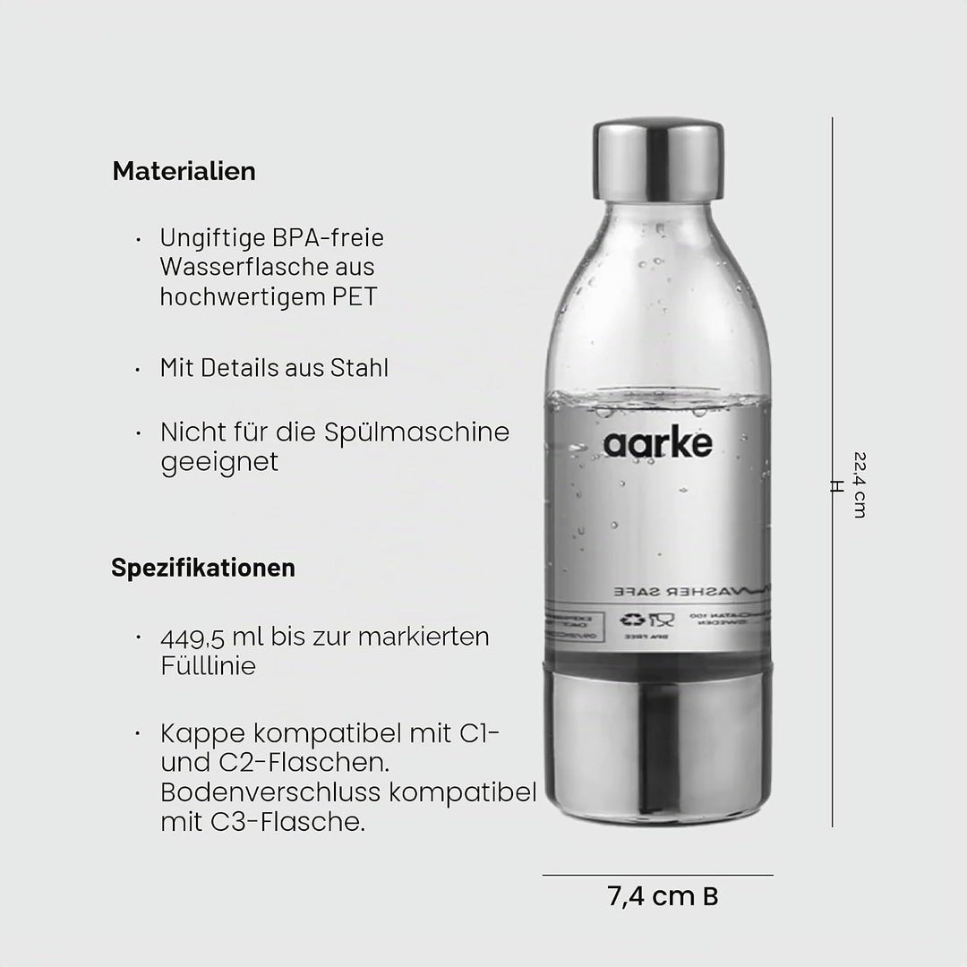 aarke PET-Flaschen für Wassersprudler Carbonator 3, BPA-frei mit Details in Edelstahl, 450ml 450 ml