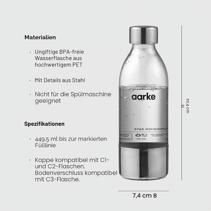 aarke PET-Flaschen für Wassersprudler Carbonator 3, BPA-frei mit Details in Edelstahl, 450ml 450 ml