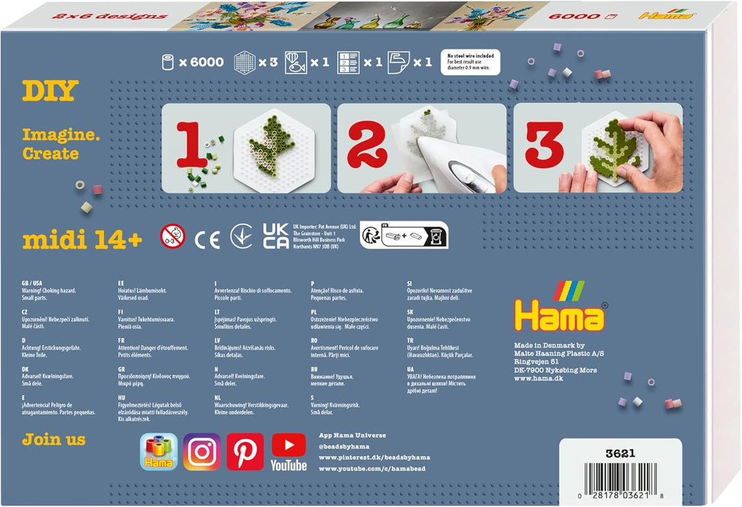 Hama Perlen 3621 Bügelperlen Blumenstrauss mit 3D Effekt, Geschenkbox mit ca. 6000 Midi-Perlen, inkl