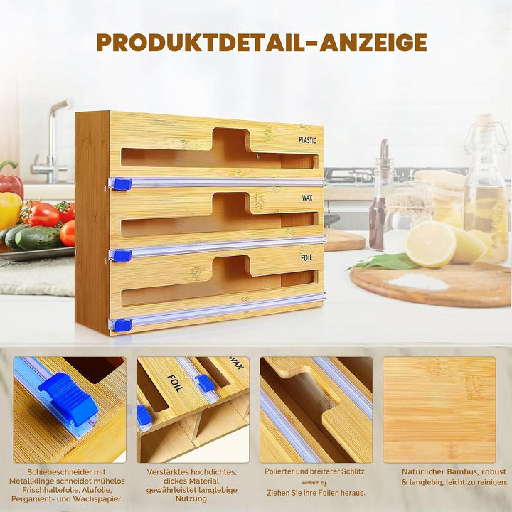 QINGLOU Folienschneider,3 in 1 Folienspender Mit Cutter, Bambus/Folienabroller,Frischhaltefolie, Wac