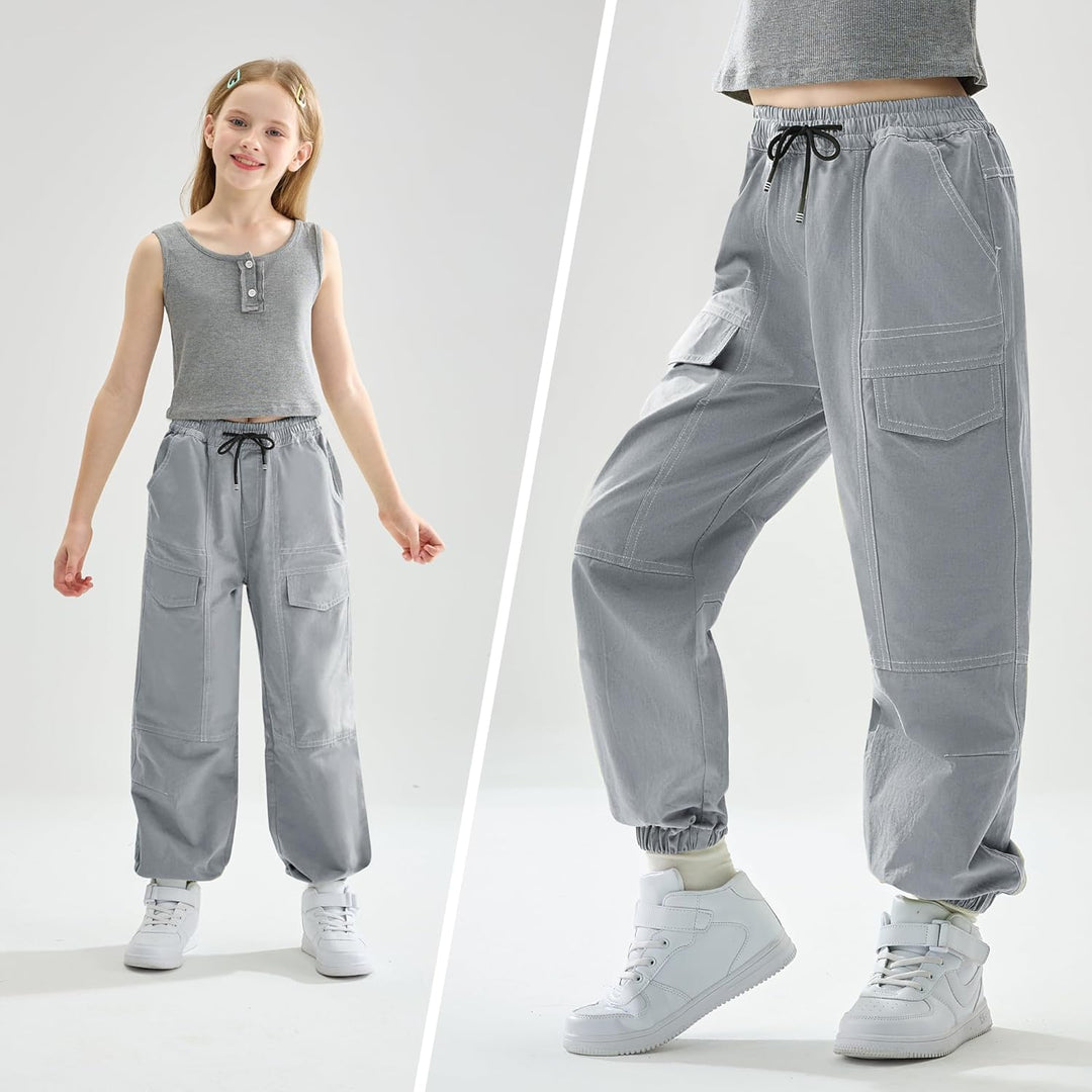 Rolanko Kinder Cargo Hose Elastische Taille Jogger Tanz Hose für Mädchen Streetwear Hip Hop, Grau 6-