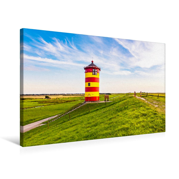 Premium Textil-Leinwand 75 x 50 cm Quer-Format Rot-gelb gestreifter Leuchtturm | Wandbild, HD-Bild a