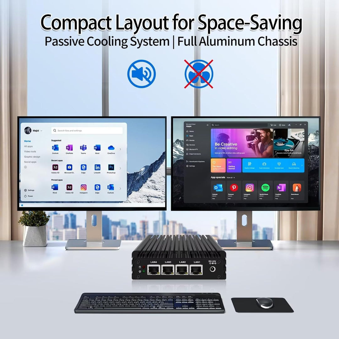 Micro Firewall Appliance, Fanless Mini PC J3710 4C/4T, 4X 2.5 GbE i225-V LAN,AES-NI,DDR3 8GB SSD 128