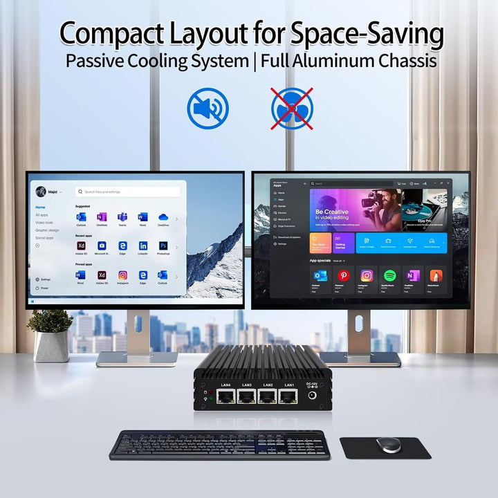 Micro Firewall Appliance, Fanless Mini PC J3710 4C/4T, 4X 2.5 GbE i225-V LAN,AES-NI,DDR3 8GB SSD 128