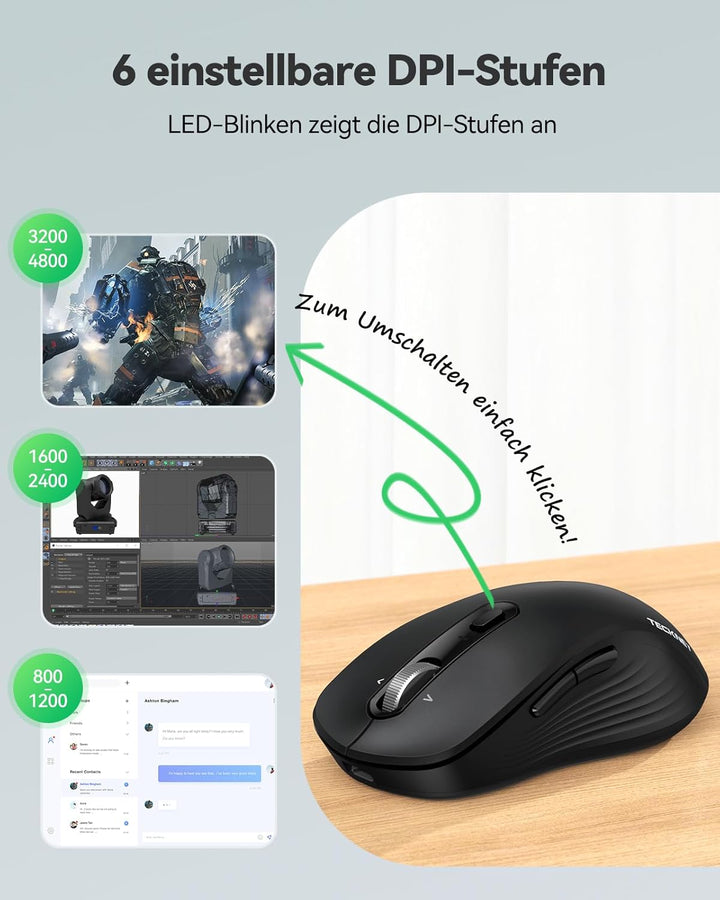 TECKNET Bluetooth Maus Kabellos, Wiederaufladbare Funkmaus mit 4-Wege-Scrollrad, 4800 DPI 6 Stufen,