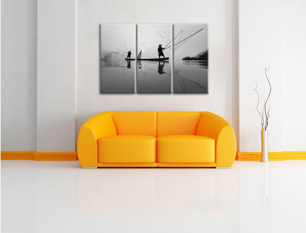 Pixxprint Fischer beim Angeln in Thailand / 3-Teilig/Gesamtmass 120cm Leinwandbild bespannt auf Holz
