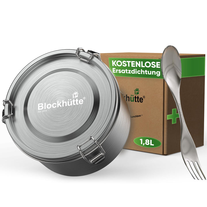 Blockhütte Premium Jausenbox Edelstahl Rund 1800ml mit Göffel 2x Dichtung Set Auslaufsichere Brotdos