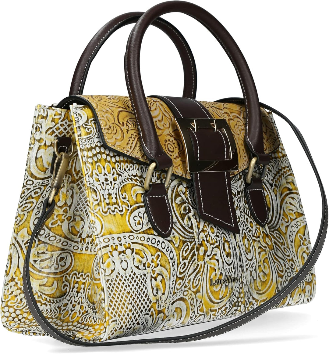Laura Vita Damen Henkeltasche Umhänge Handtasche Zierschnalle modisch Andarta Gelb, Gelb