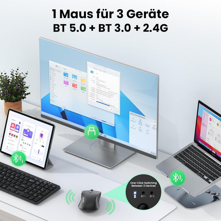 TECKNET Bluetooth Maus, PC Maus Kabellos, Wiederaufladbar Computer Maus 4800 DPI, (BT 5.0/3.0+2.4 GH