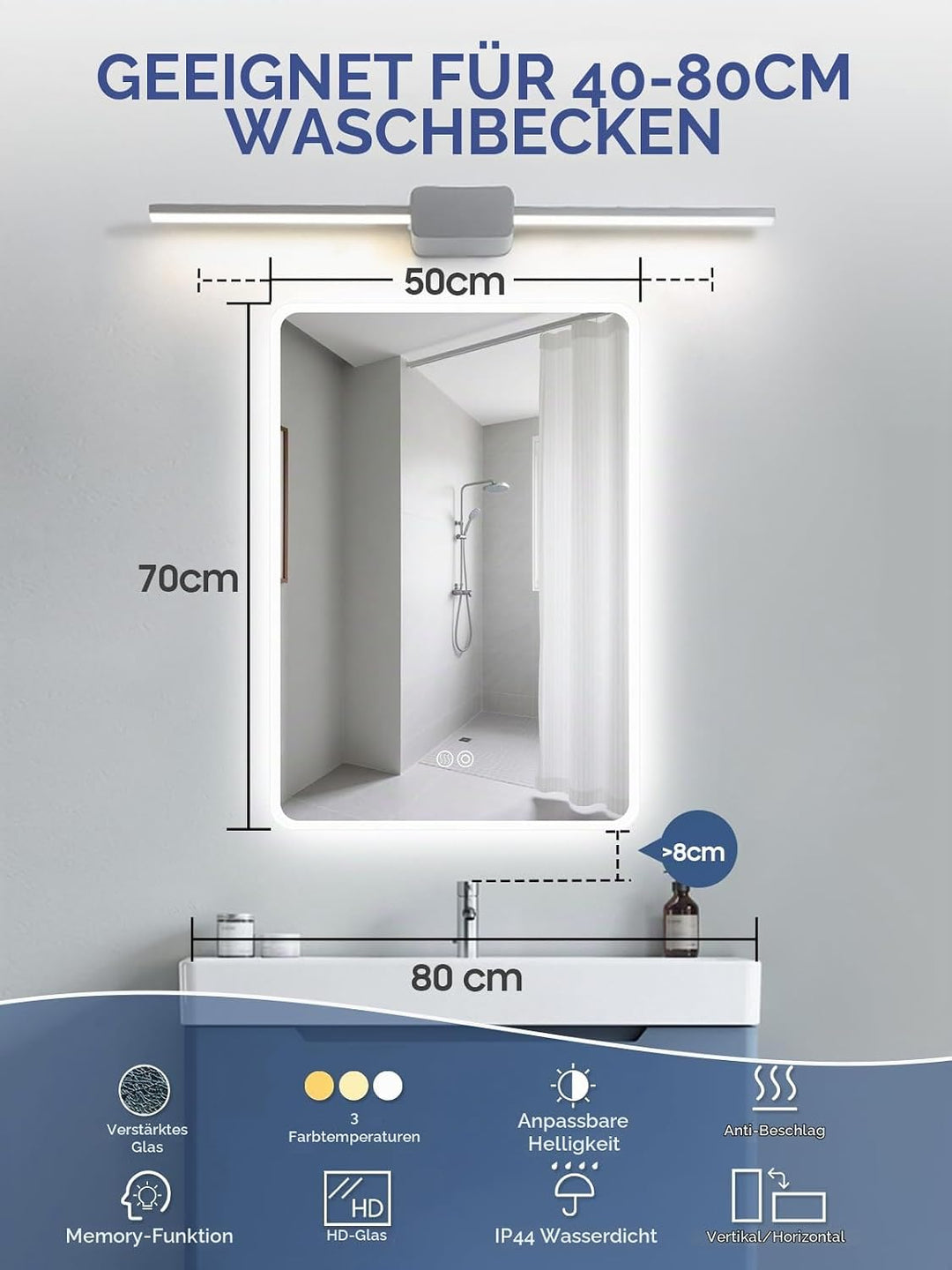 Badspiegel mit Beleuchtung, 50x70cm LED Badezimmerspiegel mit Touchschalter, Dimmbar Lichtfarbe 3 Fa