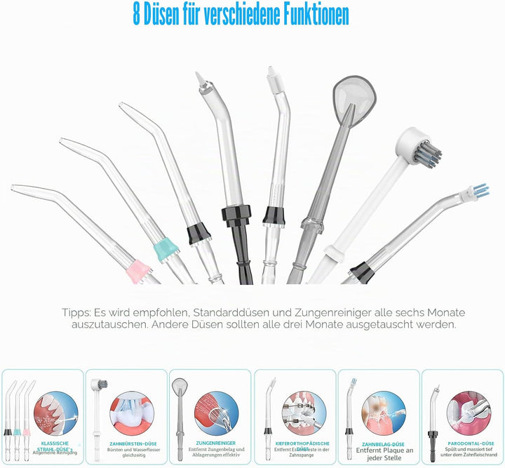 Sawgmore Elektrische Munddusche mit 10 Druckstufen und 8 Düsen，Professional Waterflosser für Zanrein