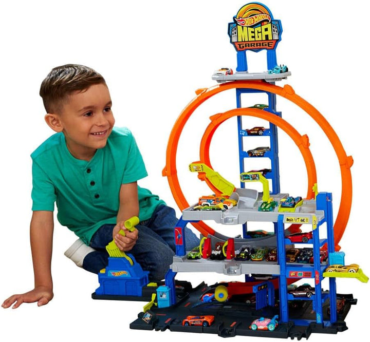Hot Wheels Spielzeugauto Trackset, mit Die-Cast-Auto und Hubschrauber, 3 Spielebenen, 2 Loopings, Pl