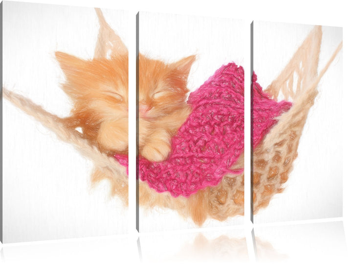 Pixxprint Schlafendes Katzenbaby in Hängematte Bunstift Effekt 3-Teiler Leinwandbild 120x80 Bild auf
