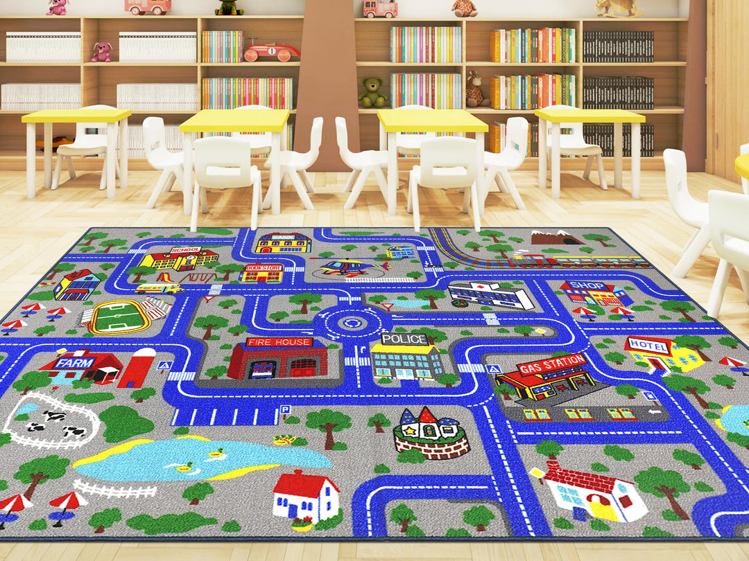 Capslpad Kinder Teppich Spielteppich für Kinder Stadt 200x300cm rutschfest Kinderteppich Spielmatte