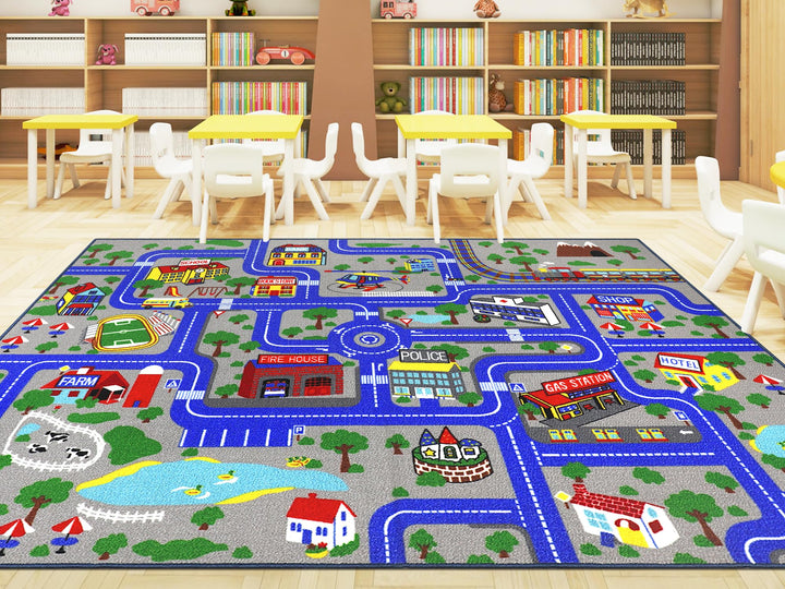 Capslpad Kinder Teppich Spielteppich für Kinder Stadt 200x300cm rutschfest Kinderteppich Spielmatte