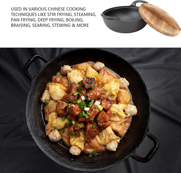 Wok aus Gusseisen, 20 Cm/25 Cm, Antihaftbeschichtete Bratpfanne mit Flachem Boden, Doppelgriff und D