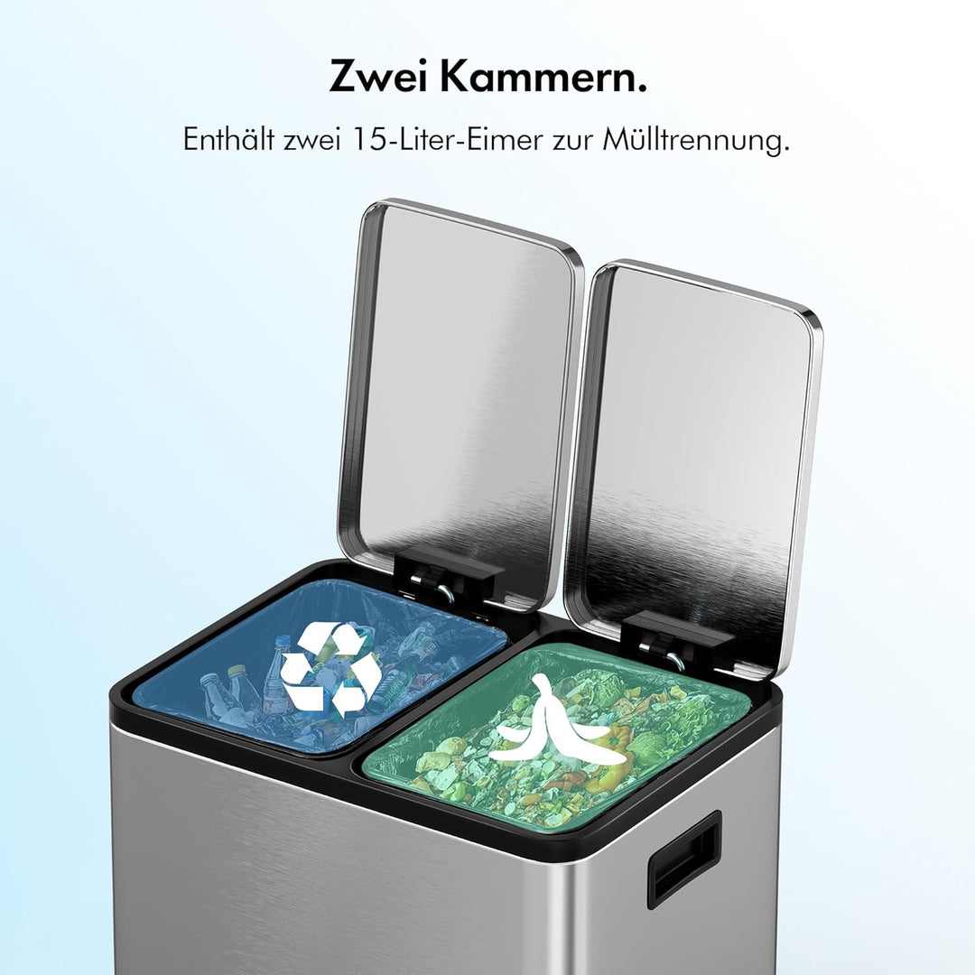 VonHaus Mülleimer Küche 2 Fächer, 30L Recycling Mülltrennsystem – Abfalleimer Biomüll, Rutschfester