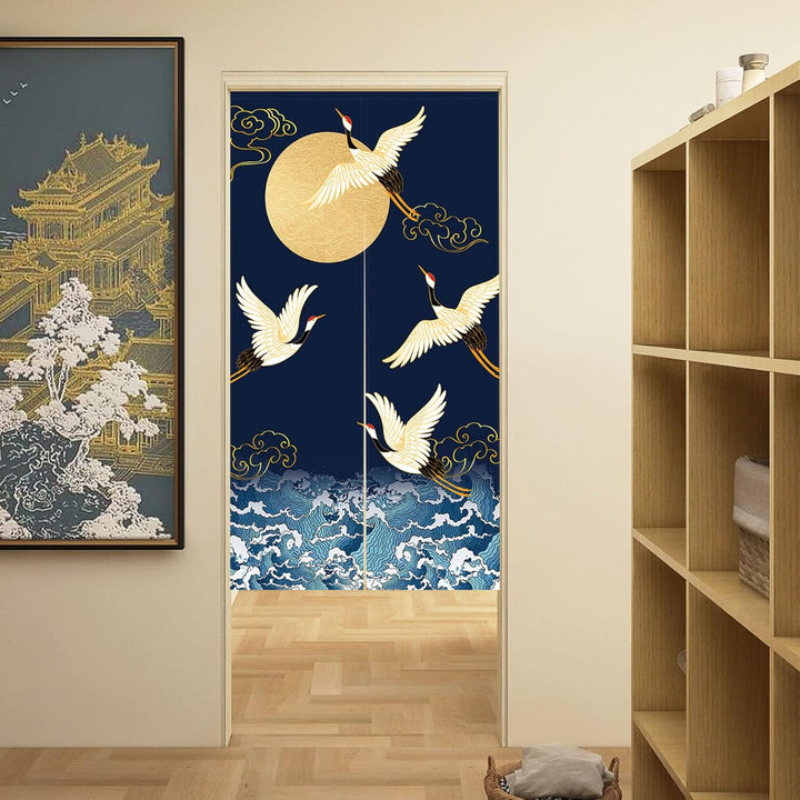 LIGICKY Japanischer Stil dick Leinen Noren Lang Vorhänge White Crane Meereswellen und Mond Türvorhan