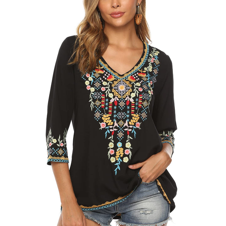 Hippie Kleidung Damen Bohemian Folklore Stickerei Bluse 3/4 äRmel V Ausschnitt Tunika Sommer LäSsige