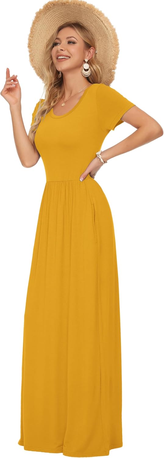 AUSELILY Damen Kurzarm Sommer Casual Long Maxi Kleider mit Taschen Gelb XS, Gelb XS