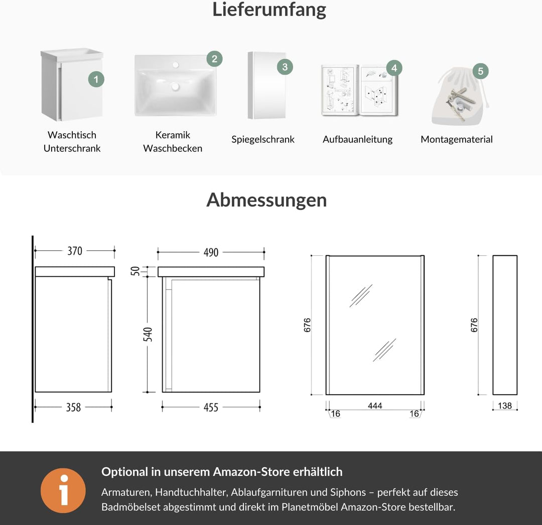 Planetmöbel Waschtisch mit Unterschrank 50 cm inkl. Spiegelschrank 50cm, Badmöbel Set mit Waschbecke