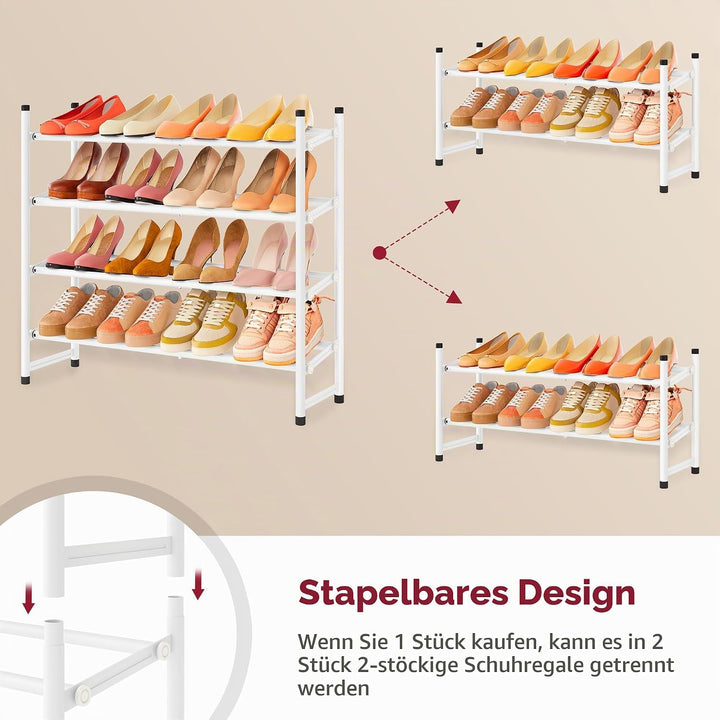 Tajsoon Schuhregal 4 Ebenen, 74–104 cm verstellbar &amp; stapelbar, für Eingang, Schrank, Garage, weiss