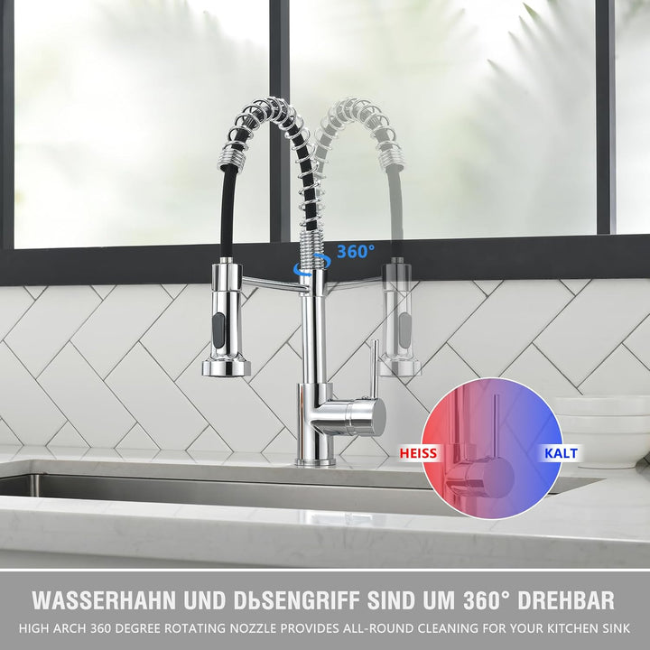 TIMACO Küchenarmatur Chrom Wasserhahn Küche mit Spiralfeder, 360°Schwenkbare Spültischarmaturen mit