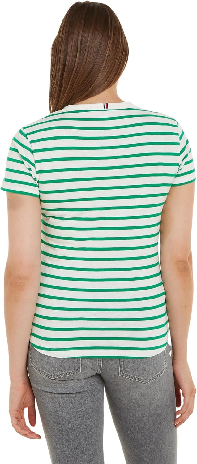Tommy Hilfiger Damen T-Shirt Kurzarm 1985 Slub Slim Fit XL Grün (Breton Ecru/Olympic Green), XL Grün