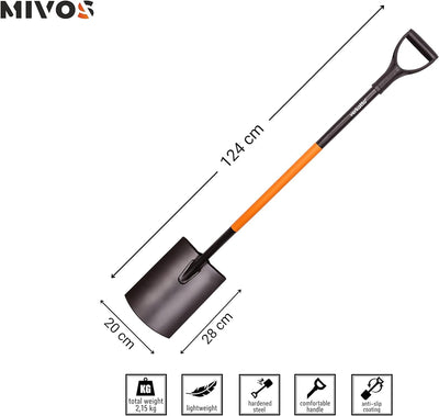 Mivos Runder Gärtnerspaten aus Kohlenstoffstahl - 124 cm - Gartenspaten mit Gehärtetem Spatenblatt -