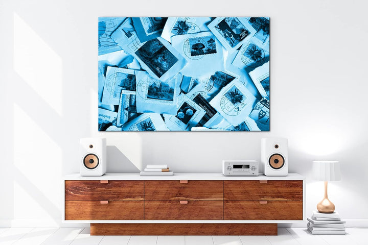 deyoli grosse Sammlung an Briefmarken Format 80x60 Effekt: Monocrome Blau als Leinwandbild, Motiv fe