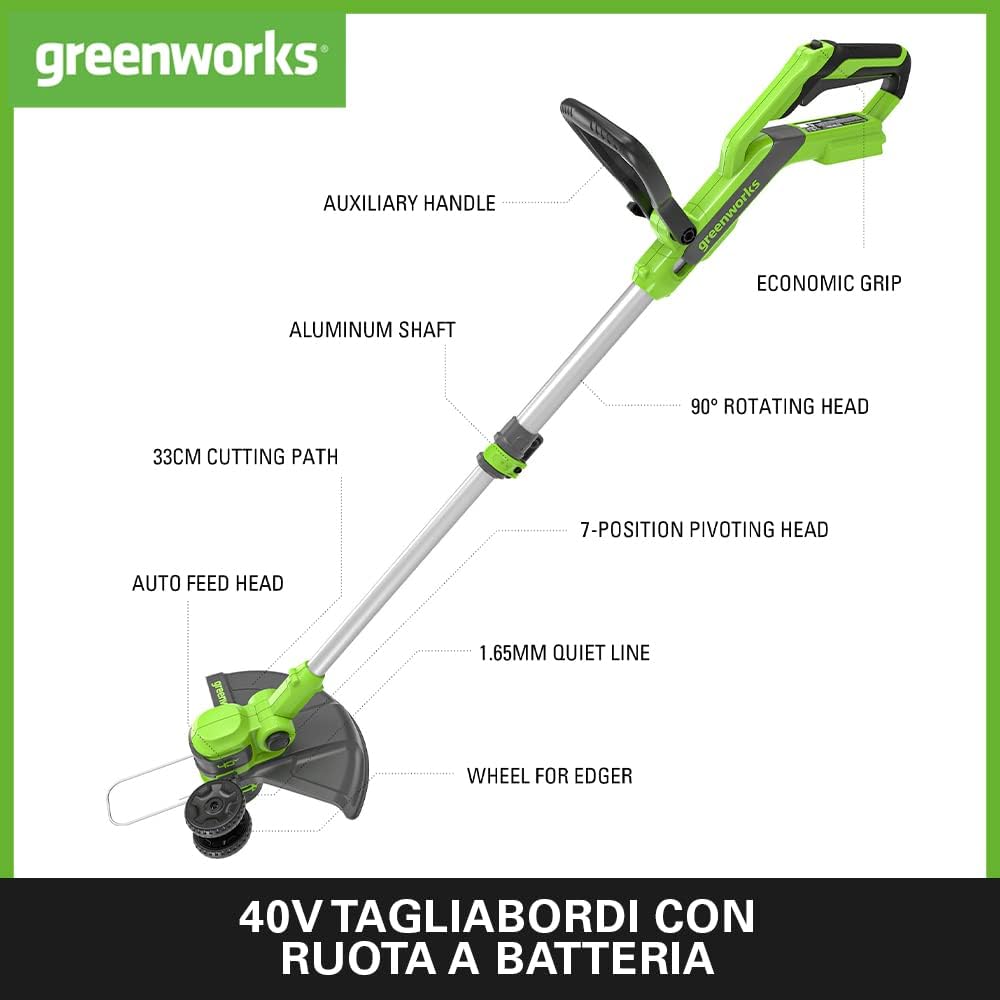 Greenworks 40V Akku Rasentrimmer & Kantenschneider mit Rad für klein-mittelgrosse Gärten, 33m Schnit