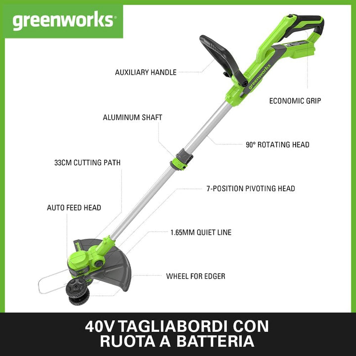 Greenworks 40V Akku Rasentrimmer & Kantenschneider mit Rad für klein-mittelgrosse Gärten, 33m Schnit