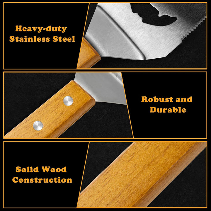 Grillbesteck Set Edelstahl 3-TLG, Grillzange mit Holzgriff Personalisierte, Fleischgabel und Grillwe