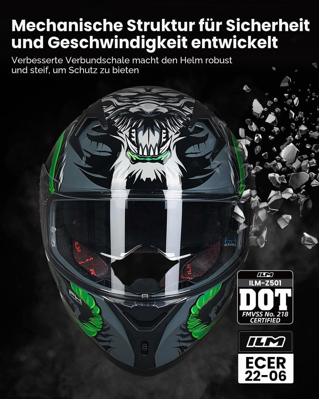 ILM Motorradhelm Integralhelm Herren Damen-Motorcycle Helmet mit 2 Visieren Pinlock-kompatiblen klar