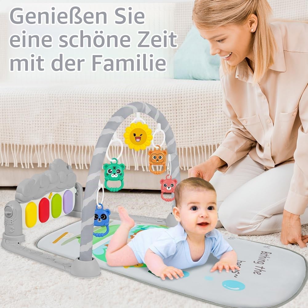 AOMIG Piano-Gym Spieldecke, Krabbeldecke mit Musik und Lichtern, Spielmatte mit Spielbogen abnehmbar