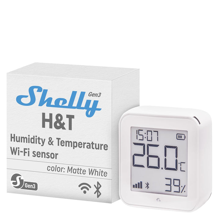 Shelly H&T Gen 3 Weiss | Wi-Fi und Bluetooth Temperatur&Luftfeuchtigkeitssensor | Hausautomation | K