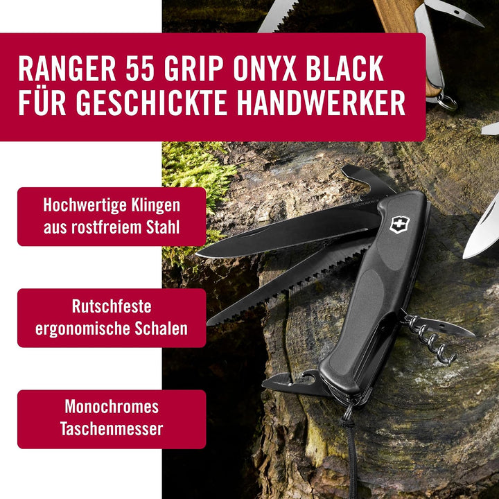Victorinox Taschenmesser Ranger Grip 55 Onyx Black (12 Funktionen, Festellklinge, Holzsäge), schwarz