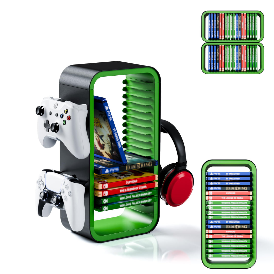 Universal Games Storage Tower Pro - Bis zu 18 Spiele - Mit Controller Halterung für bis zu 4 Gamepad