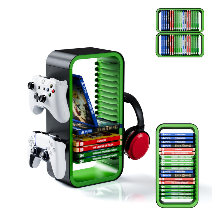 Universal Games Storage Tower Pro - Bis zu 18 Spiele - Mit Controller Halterung für bis zu 4 Gamepad