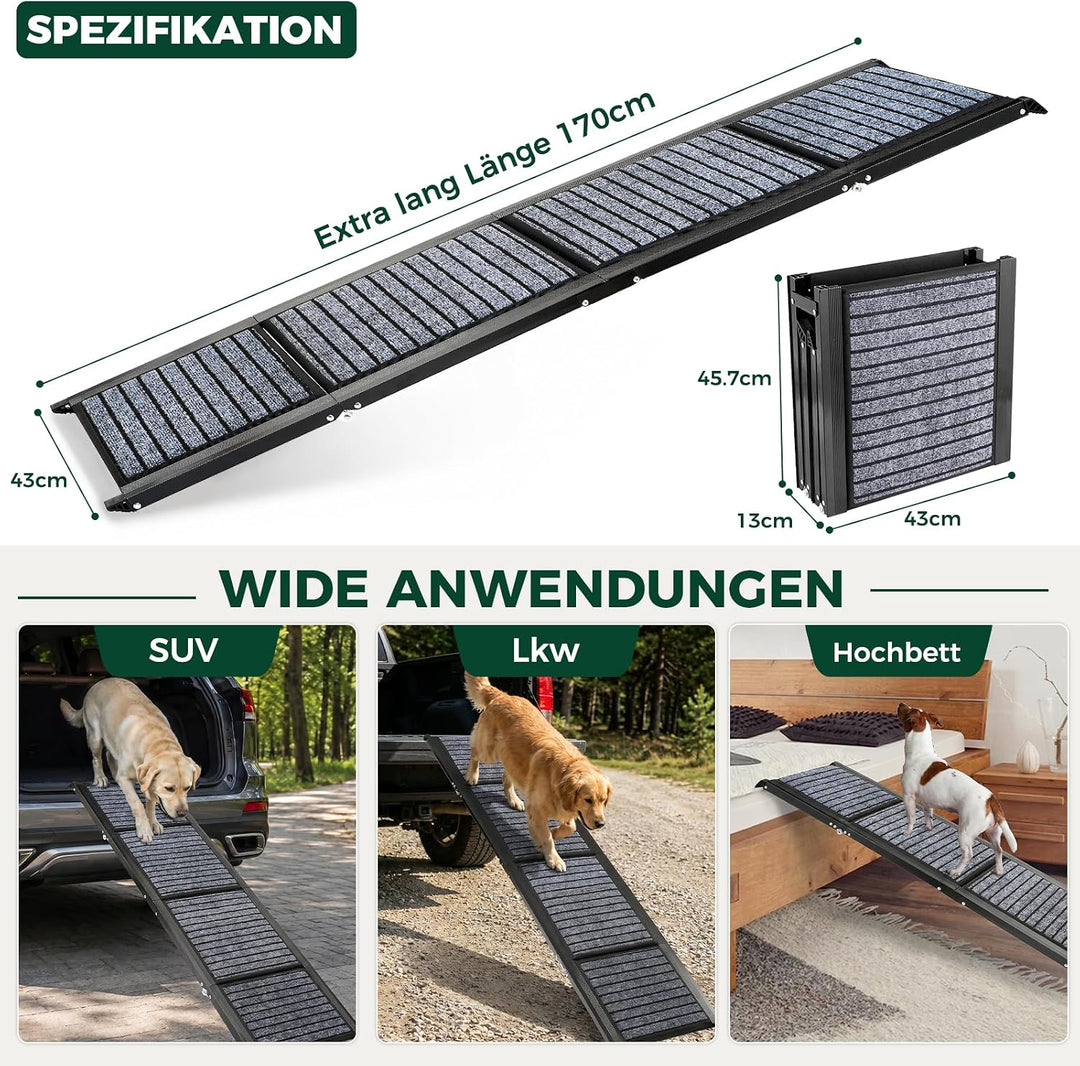 Extra lange 170 cm faltbare Hunderampe für grosse Hunde, Hunderampe für Auto mit rutschfester Teppic