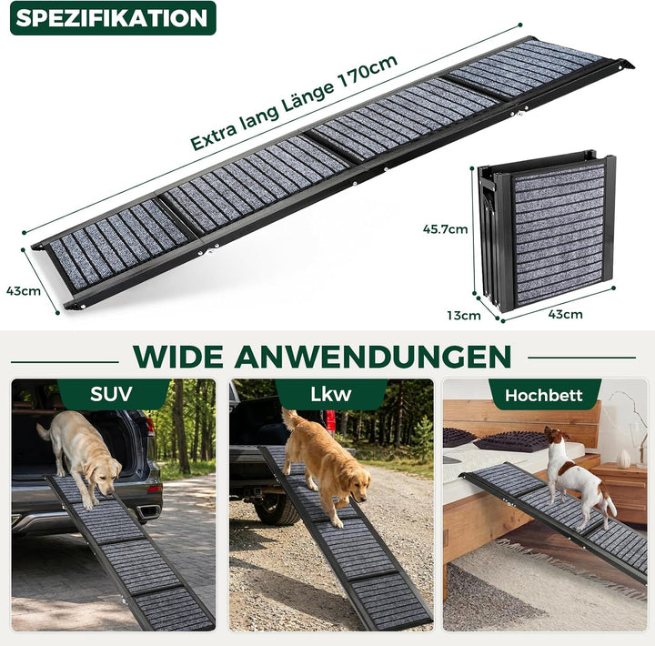 Extra lange 170 cm faltbare Hunderampe für grosse Hunde, Hunderampe für Auto mit rutschfester Teppic