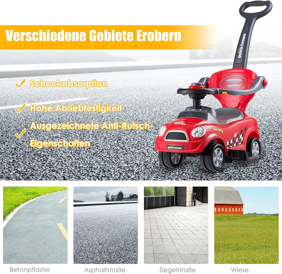 DREAMADE Rutschauto mit Schiebestange, Rutschfahrzeug mit abnehmbarem Sicherheitsbügel & Fussstützen