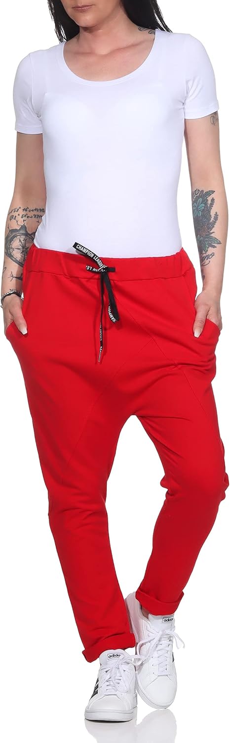 Damen Baumwoll Freizeithose Baggy Boyfriend Style Jogger Ladies Pants mit elastischem Bund 36-40 Rot