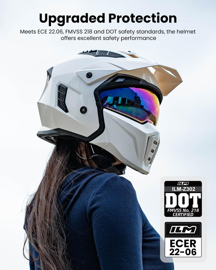 ILM Helm Motorrad Motocross Herren Damen Vintage Retro mit Visier ECE Model Z302,Weiss, M M Weiss, M