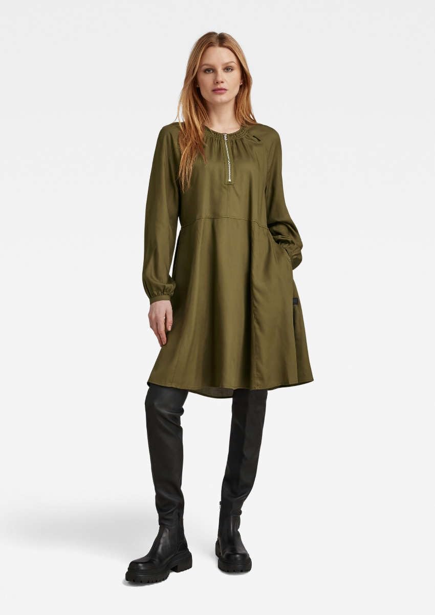 G-STAR RAW Damen Short Flared Long Sleeve Dresses XXS Grün (Dark Olive D23603-d297-c744), XXS Grün (