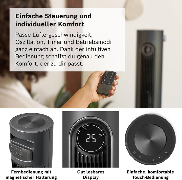Bosch Tower Fan 6000, Leiser Turmventilator, Midnight Grey | Mit Fernbedienung, 12 Geschwindigkeitss