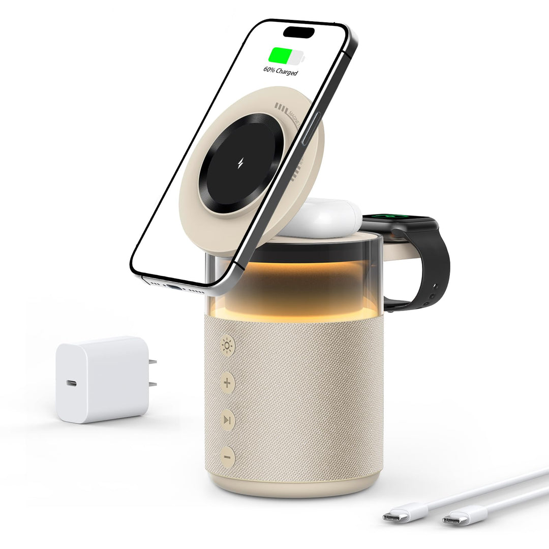 3-in-1 Bluetooth-Lautsprecher mit Nachtlicht und kabellosem Ladegerät, dimmbare Nachttischlampe mit