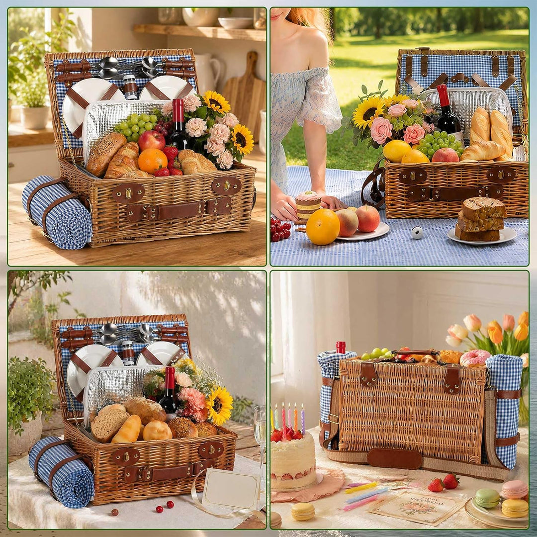 Wicker Picknickkorb Set für 2-4 Person mit Kühlfach und wasserdichte Picknickdecke, Abnehmbarer Riem