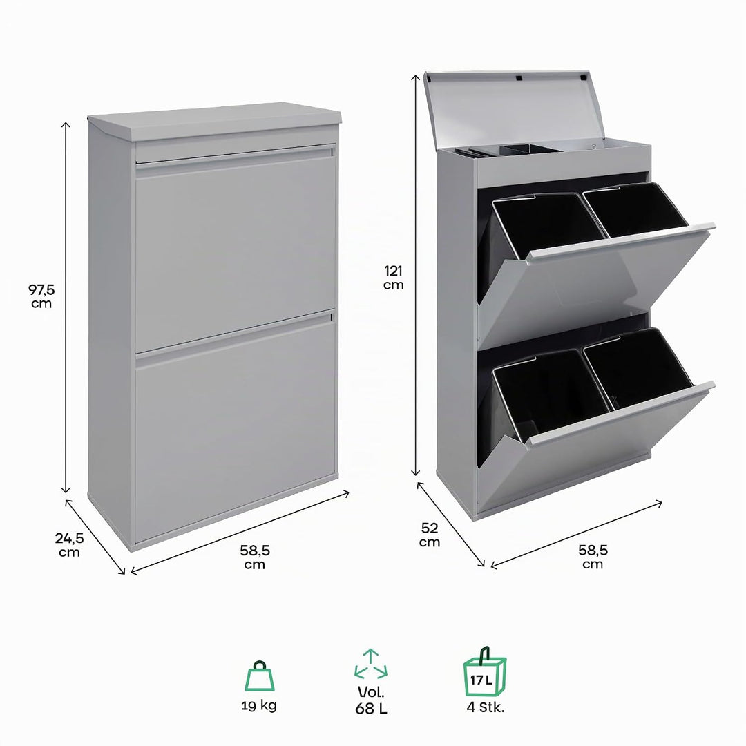 ARREGUI Top CR622-B Mülltrennsystem aus Stahl mit Aufbewahrungsbox mit Deckel | 4 Fächer Mülleimer f